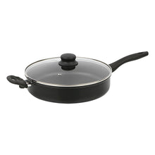 Black non-stick jumbo cooker with clear glass lid and black side handles