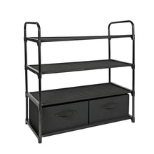 4-shelf closet storage organizer with black metal frame and two fabric drawer bins