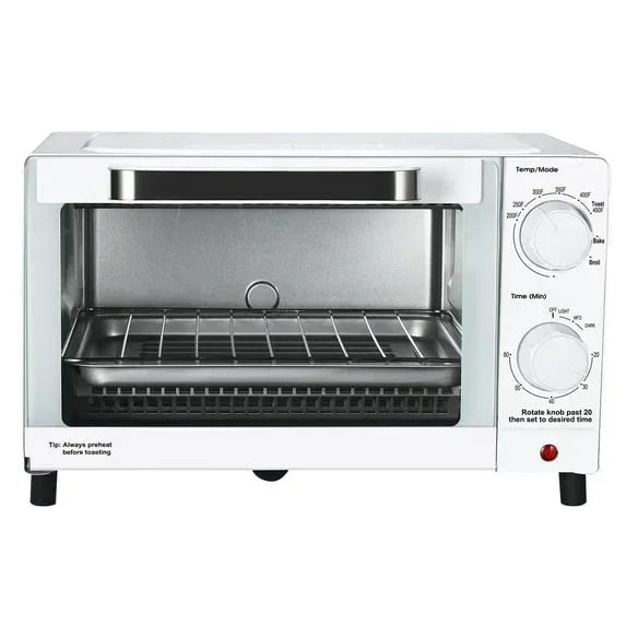 Mainstays 4-Slice Countertop Toaster Oven with 3 Settings, Includes Baking Rack and Pan, Black, New