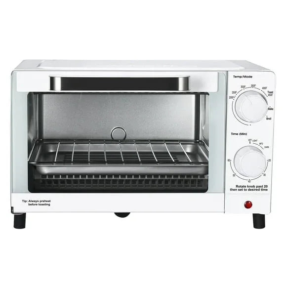 Mainstays 4-Slice Countertop Toaster Oven with 3 Settings, Includes Baking Rack and Pan, Black, New - USA MEGA SHOP