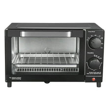 Black countertop 4-slice toaster oven with open glass door and wire rack