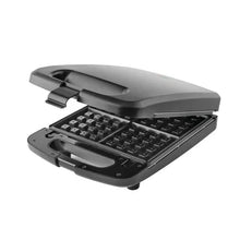 Black matte 4-slice waffle maker with removable grid plates, open lid