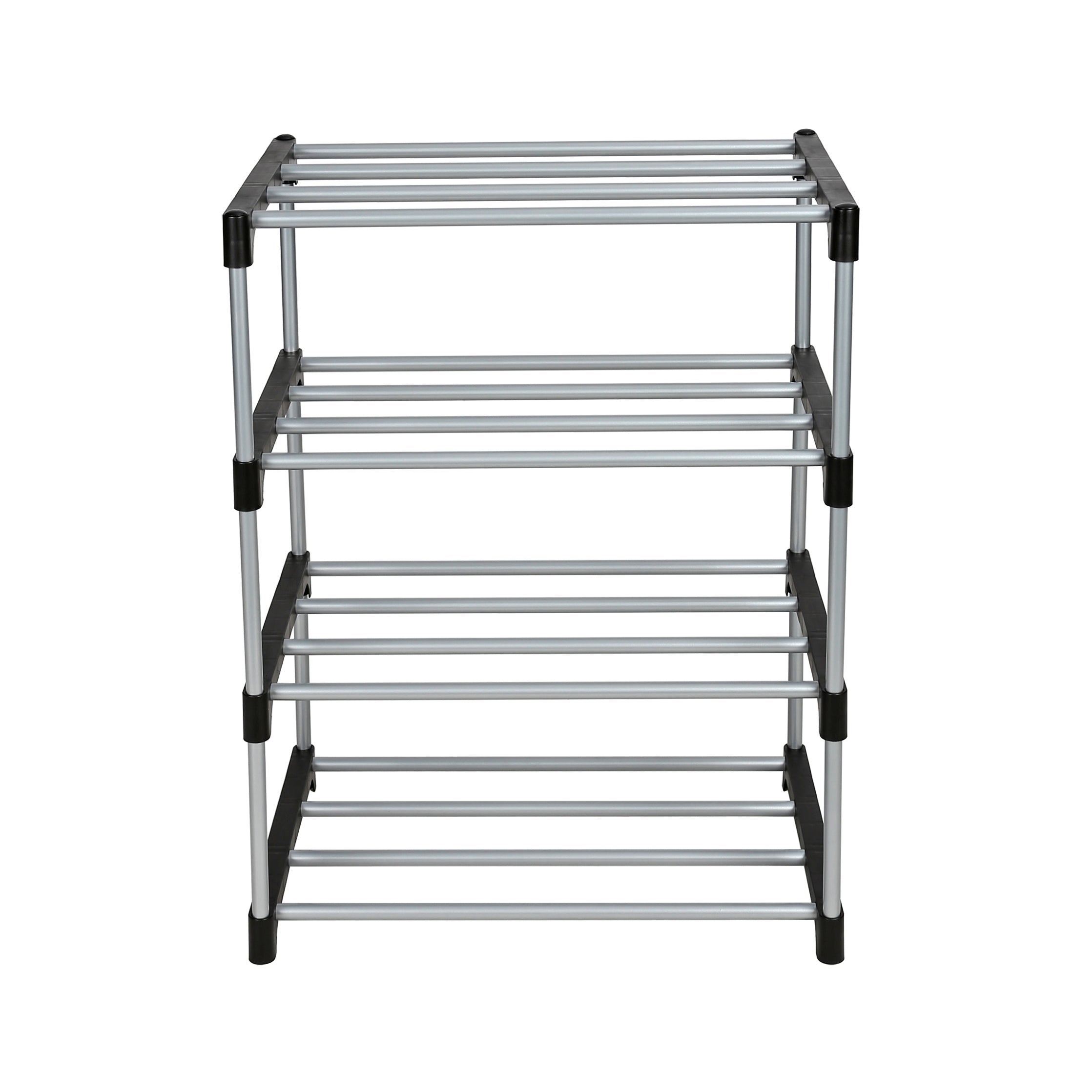 Mainstays 4 Tier Shoe Rack, Black and Silver, 8 Pairs of Shoes, Metal Tubes & Plastic Connectors