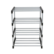 Silver metal shoe rack with black plastic end caps, four horizontal bar shelves
