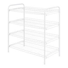 White 4-tier steel wire shoe rack, front view with four open wire shelves