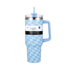Blue diamond-pattern double-wall tumbler, clear lid, straw, side handle