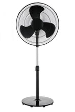 Black pedestal fan with 3-blade grill, round base, and tall stand.