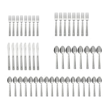 Stainless steel flatware set with forks, knives, and spoons in display layout