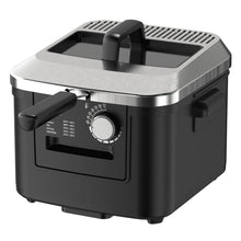 Matte black electric deep fryer with stainless lid and front control dial