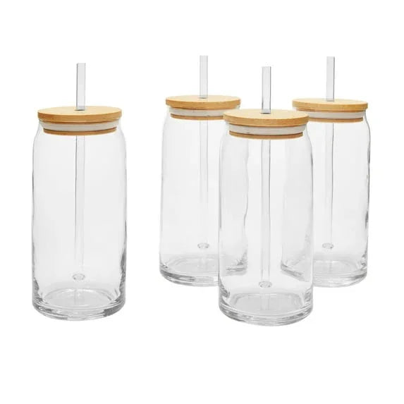 Mainstays Briar Can Glass Drinkware with Lids & Straws, Set of 4