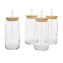 Glass drinkware cups with bamboo lids and clear straws, set of 4