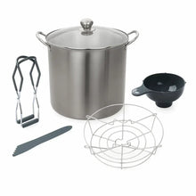 Stainless steel water bath canner with lid, jar rack, funnel, and utensil