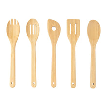 5-piece bamboo cooking utensil set with slotted and round-holed spoon heads