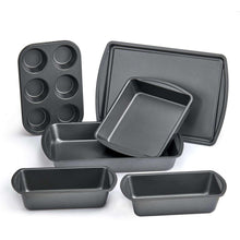 Gray non-stick carbon steel bakeware set: muffin and loaf pans with baking tray