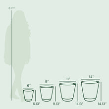 Black resin self-watering planter set shown by size chart with four height options
