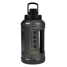 64 oz water bottle with handle, translucent dark body, measurement markings, straw lid