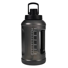Translucent black water bottle with carry handle and chug lid, 64oz measurement marks