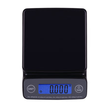 Black digital kitchen scale with blue backlit LCD and round buttons, front view