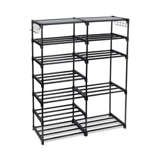 Black 7-tier shoe rack with open wire shelves for shoes and boots.