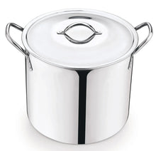 Stainless steel stock pot with metal lid and side handles, polished finish