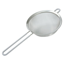Silver fine mesh stainless steel strainer with long handle and loop grip