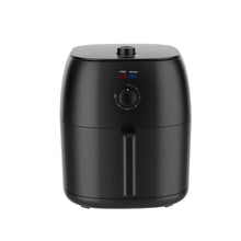 Black air fryer with round top knob, front dial, and basket handle