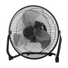 Metal high-velocity fan with wire grille, central hub, and black blades