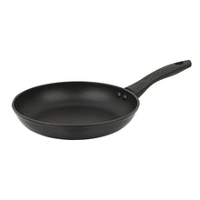 Black non-stick skillet with long handle and riveted side supports