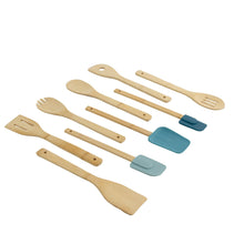 9-piece bamboo kitchen utensil set with blue silicone heads and wooden handles