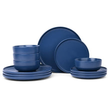Blue stoneware dinnerware set: bowls and plates, service for 4, stacked view