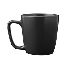 Matte black stoneware mug with curved handle and wide rim