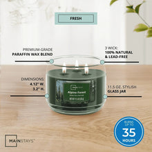 Green 3-wick scented candle in clear glass jar with Alpine Forest label