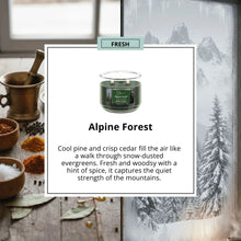 Green 3-wick scented candle in clear glass jar, Alpine Forest label facing front