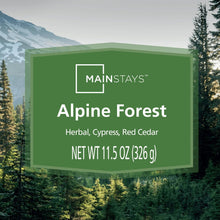 Alpine Forest candle scent label with herbal, cypress, red cedar text