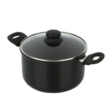 Black non-stick Dutch oven with glass lid and side handles, topped with black knob