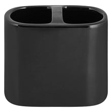 Black ceramic toothbrush holder with two toothbrush slots, glossy finish