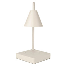 Beige candle warmer lamp with vertical post, cone shade, and square base