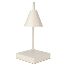 Beige candle warmer lamp with conical shade and slim stem on square base