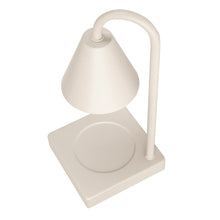 Beige candle warmer lamp with curved stand and conical shade over round top