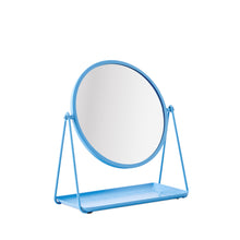 Blue round tabletop mirror with metal tray and arched stand