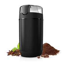Black electric coffee grinder with clear lid and top switch