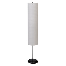 Collapsible floor lamp with white cylindrical shade and black pedestal base