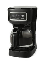 Black programmable drip coffee maker with LCD control panel and glass carafe