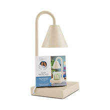 Beige candle warmer lamp with arched handle, cone shade, and square base
