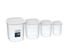 Clear plastic pantry food storage container canister set with white snap-on lids