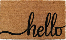 Coir doormat with black script 'hello' on tan mat