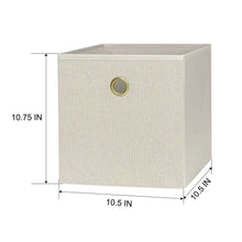Beige fabric storage cube bin with gold grommet handle, structured square shape