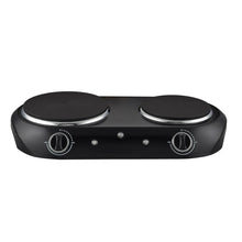 Black double burner electric cooktop with two coil hot plates and control knobs