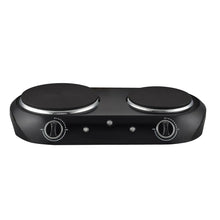 Black double electric cooktop with two coil burners and knob controls