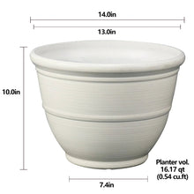 Off-white recycled resin planter with size measurements diagram